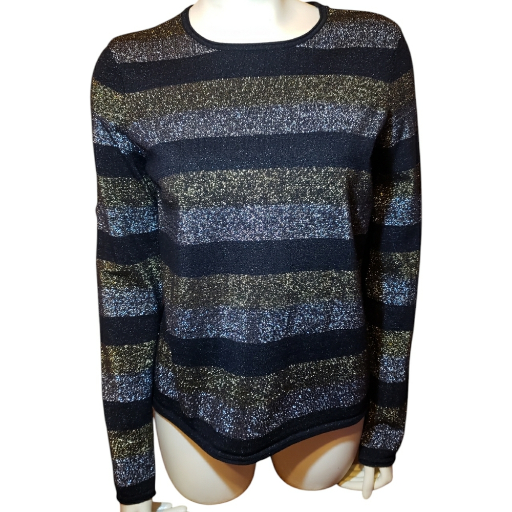 Who What Wear black gold silver metallic glitter striped long sleeve sweater L